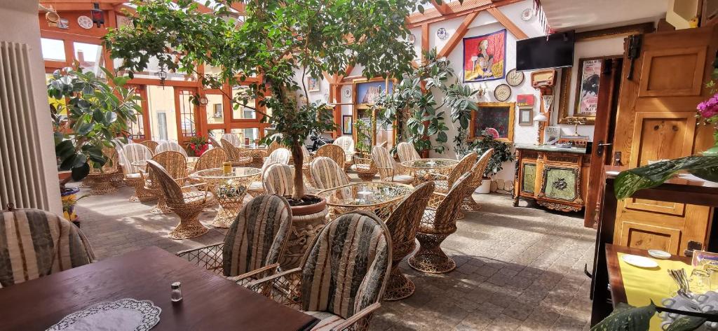 ein Restaurant mit Tischen, Stühlen und Pflanzen in der Unterkunft Pension Hochheimer Schlösschen in Erfurt