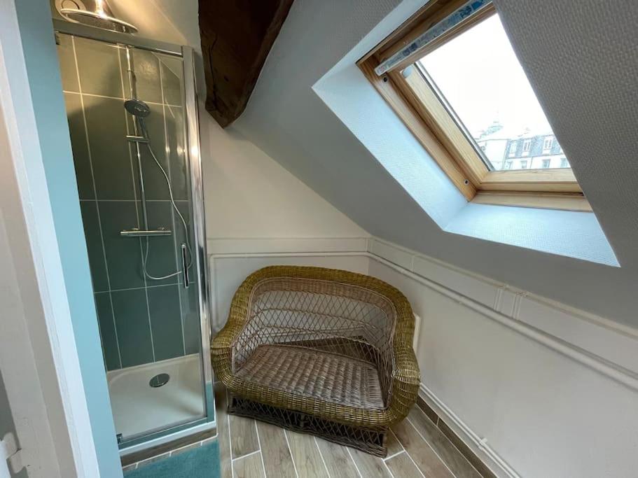 a bathroom with a shower and a wicker chair at Le Duplex Du Château in Fontainebleau