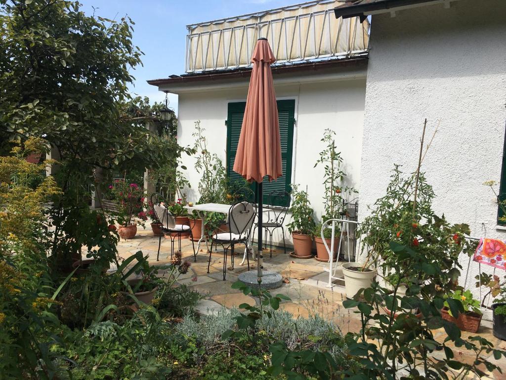 une terrasse avec un parasol, des chaises et des plantes dans l'établissement Haus Diana, à Badenweiler
