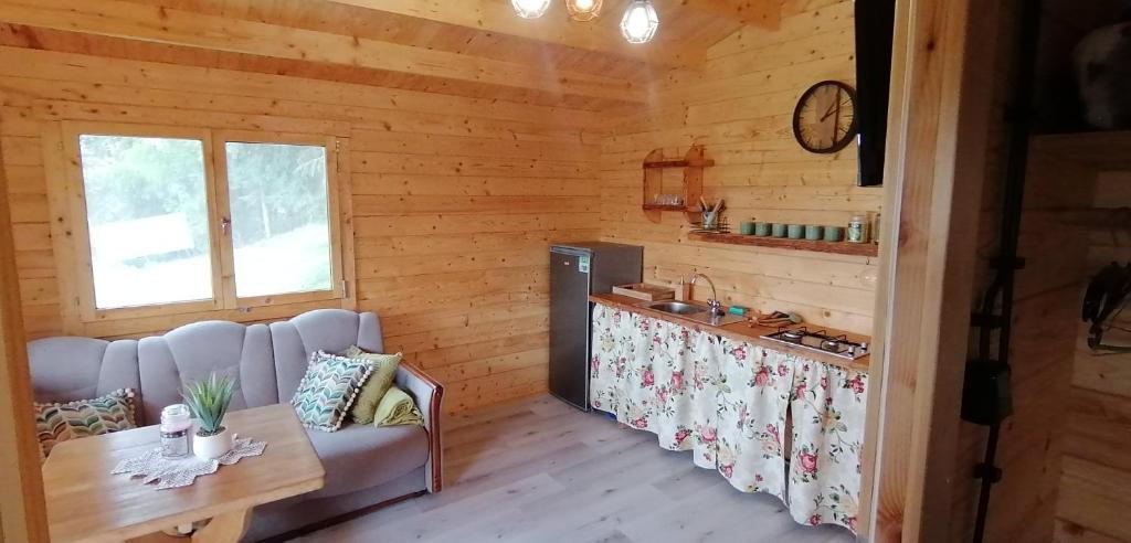 a living room with a couch and a table at Chatka na Wzgórzu, Staw z możliwością łowienia ryb, Cisza, Spokój in Barczewo