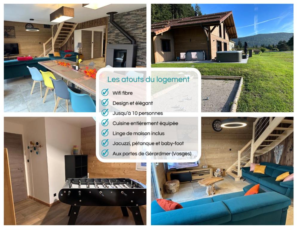 kolaż zdjęć domu z niebieską kanapą w obiekcie Chalet COCOTTE - pétanque, jacuzzi & baby-foot w mieście Xonrupt-Longemer