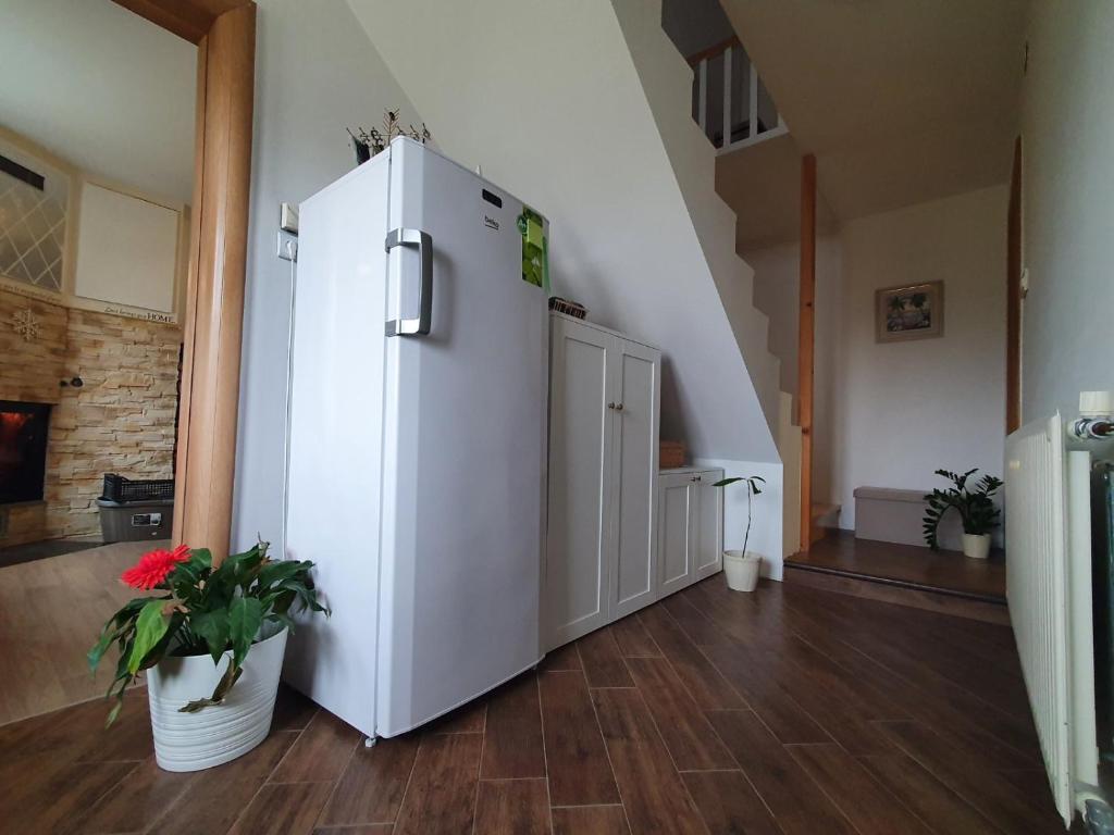 einen weißen Kühlschrank in einem Zimmer mit einer Treppe in der Unterkunft Hiška pod murvo - Kraški rob in Črni Kal