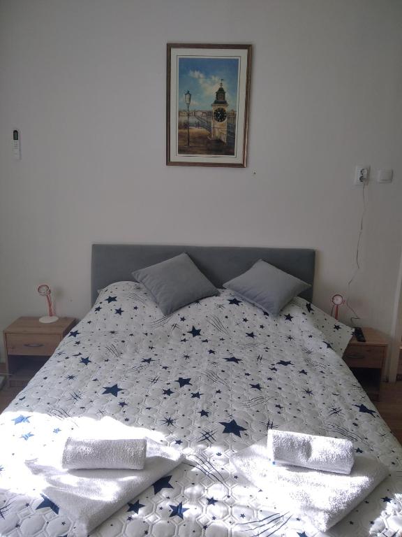 una camera da letto con un letto con un piumone di Jelka a Sremski Karlovci
