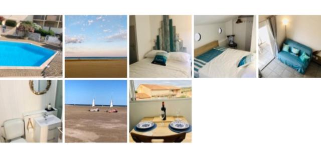 un collage de photos d'une chambre d'hôtel avec piscine dans l'établissement Stylish studio close to beach in residence with pool, à Narbonne