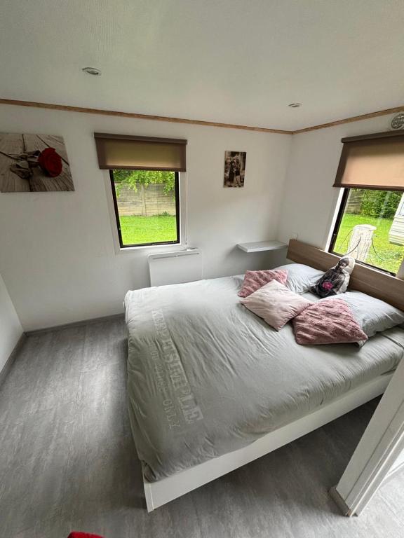 - une chambre avec un lit et 2 fenêtres dans l'établissement Mobil-home camping 4 étoiles N35, à Fourmies