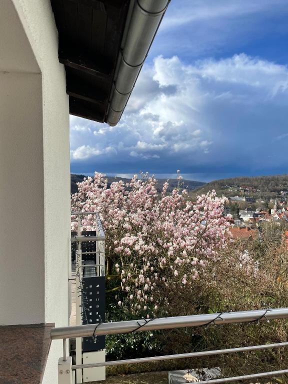 a view of pink flowers from a balcony at Ferienhaus Chalet Andante in Hannoversch Münden