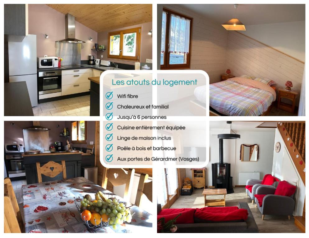 a collage of pictures of a kitchen and a bedroom at Chalet O FIL DE L EAU , jusque 6 pers , à XONRUPT LONGEMER in Xonrupt-Longemer