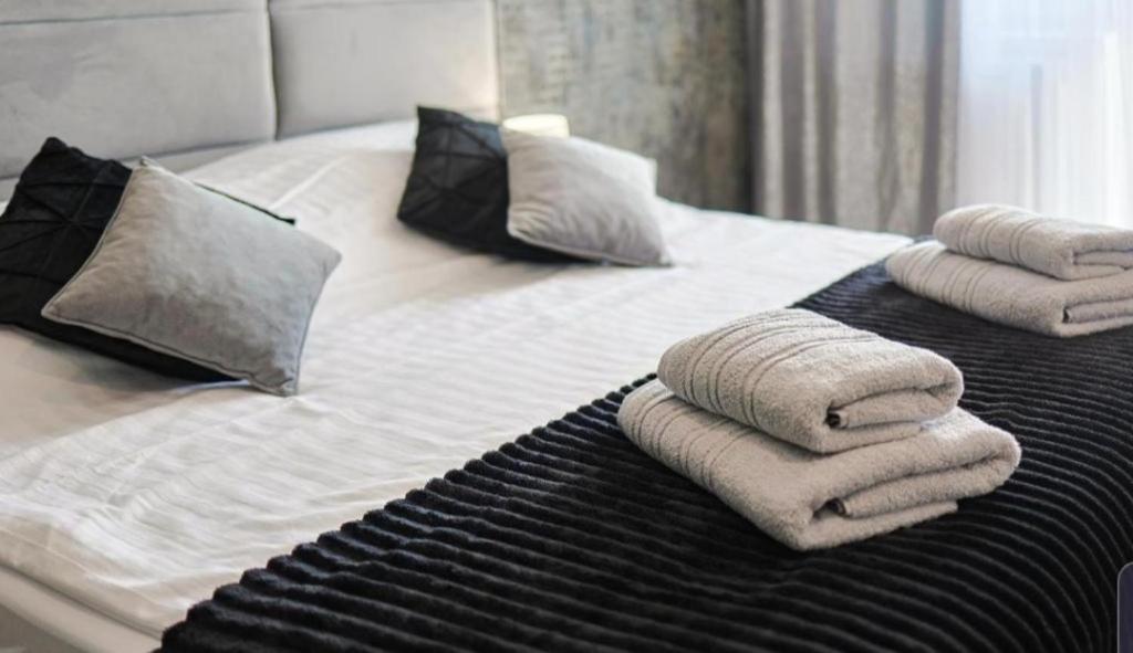 un letto con asciugamani e cuscini sopra di Kopernik Premium Rooms Apartment a Toruń