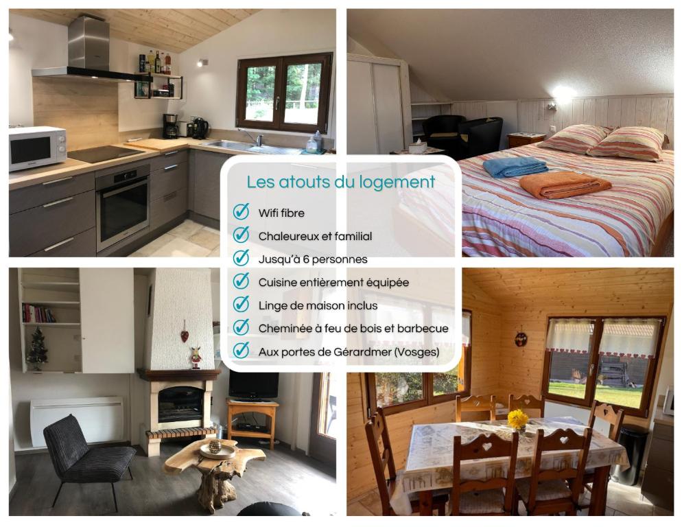 a collage of pictures of a kitchen and a bedroom at Chalet CHLOE - jusque 6 pers - Xonrupt Longemer in Xonrupt-Longemer