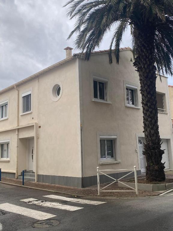 un bâtiment blanc avec un palmier devant dans l'établissement Appartement au cœur du Grau, au Grau-du-Roi