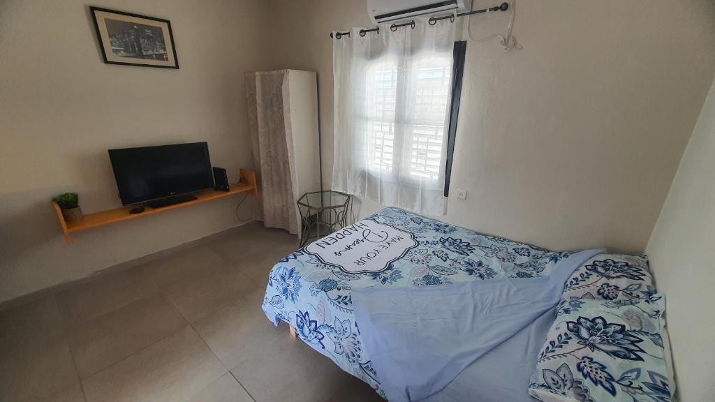 een slaapkamer met een bed, een tv en een raam bij quiet house in Qiryat Yam