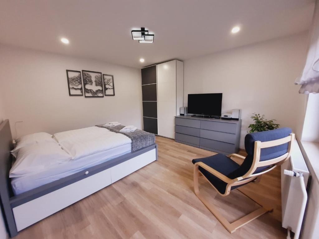 um quarto com uma cama, uma televisão e uma cadeira em Apartment Break em Rob