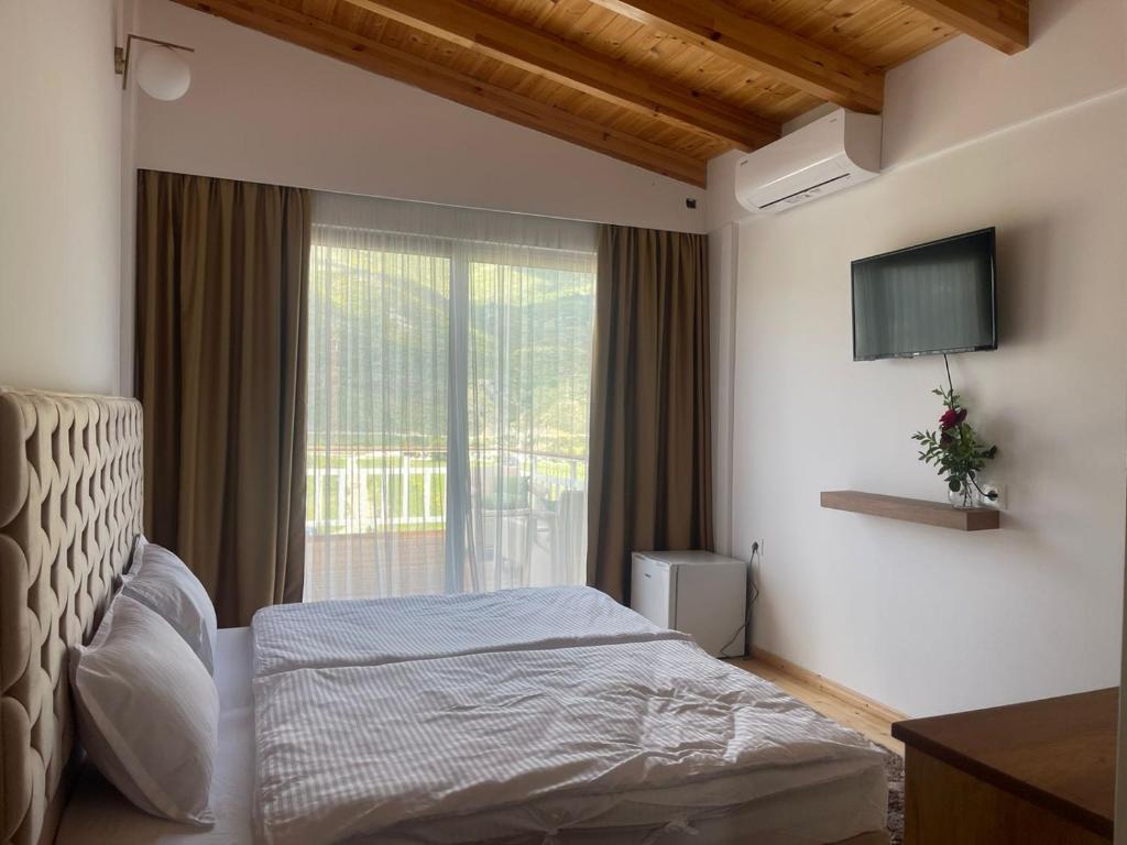 een slaapkamer met een bed, een tv en een raam bij Guest-Room Zoi&Teri in Tepelenë