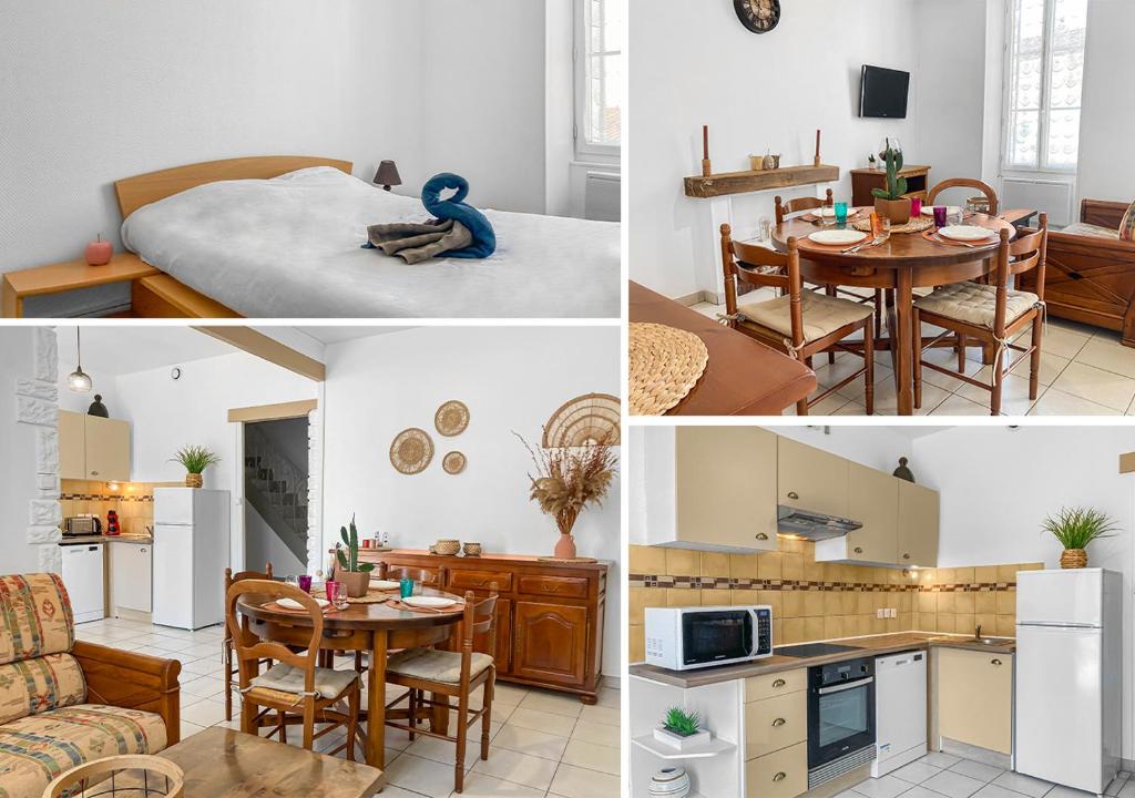 cocina y sala de estar con mesa y comedor. en Evasion Côtière Oléron, en Bourcefranc