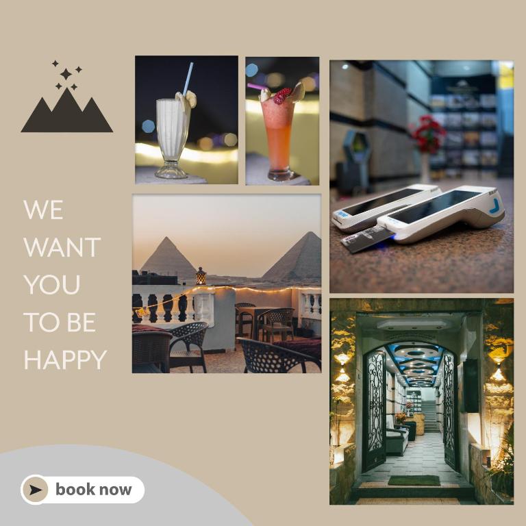 a collage of photos with a picture of the pyramids at Explore Stars Pyramids View in Cairo