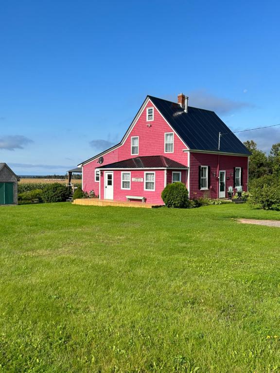 Belle River的住宿－Welcome to Pinette House，绿色田野上黑色屋顶的红色房子