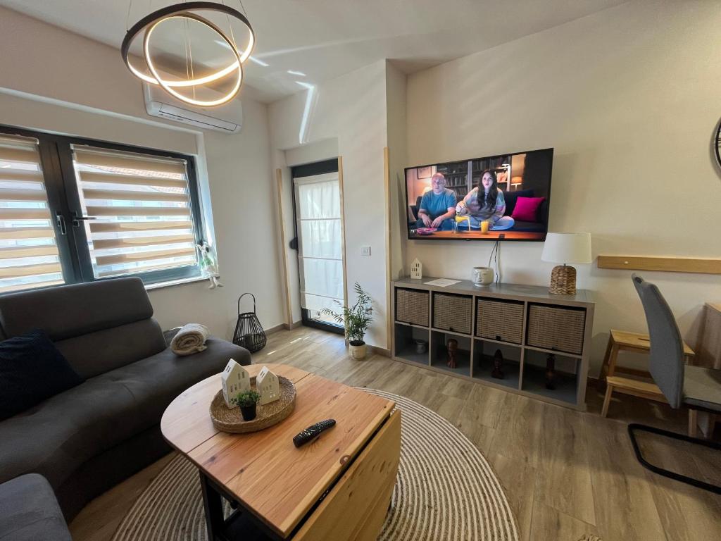 uma sala de estar com um sofá e uma televisão em Apartman Sandra em Nova Gradiška