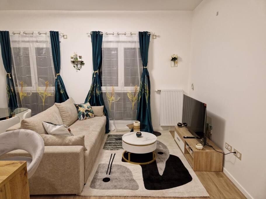 ein Wohnzimmer mit einem Sofa und einem TV in der Unterkunft Odyssée - Appartement neuf Cergy in Cergy