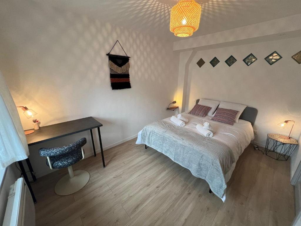 een slaapkamer met een bed, een tafel en een lamp bij Les Rives du Château, 90m2, vue sur le canal in Saverne