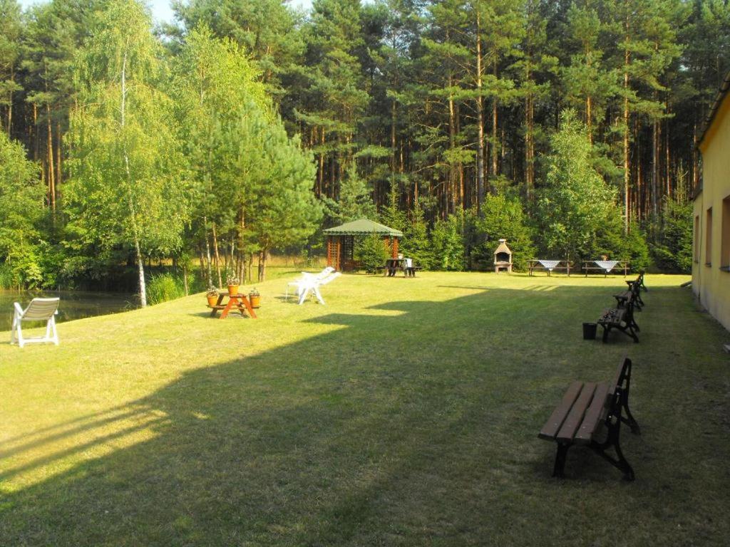 Outdoor area with benches, trees, and a gazebo under clear skies.
