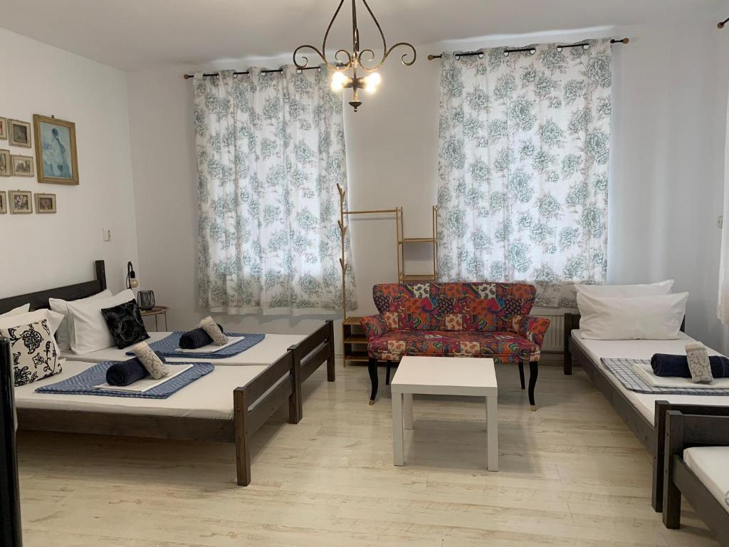 uma sala de estar com duas camas e um sofá em Casa Trandafirilor em Tulcea