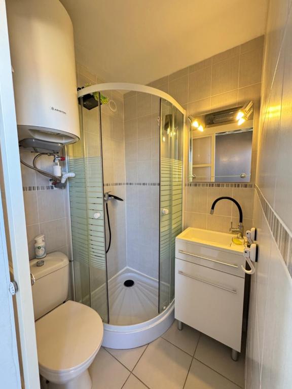 ein Bad mit einer Dusche, einem WC und einem Waschbecken in der Unterkunft STUDIO BELLE PLAGE in Leucate