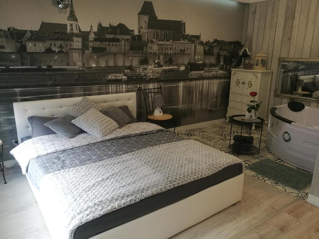 Un dormitorio con una cama y vistas a una ciudad. en Apartament jacuzzi na toruńskiej starówce, en Toruń