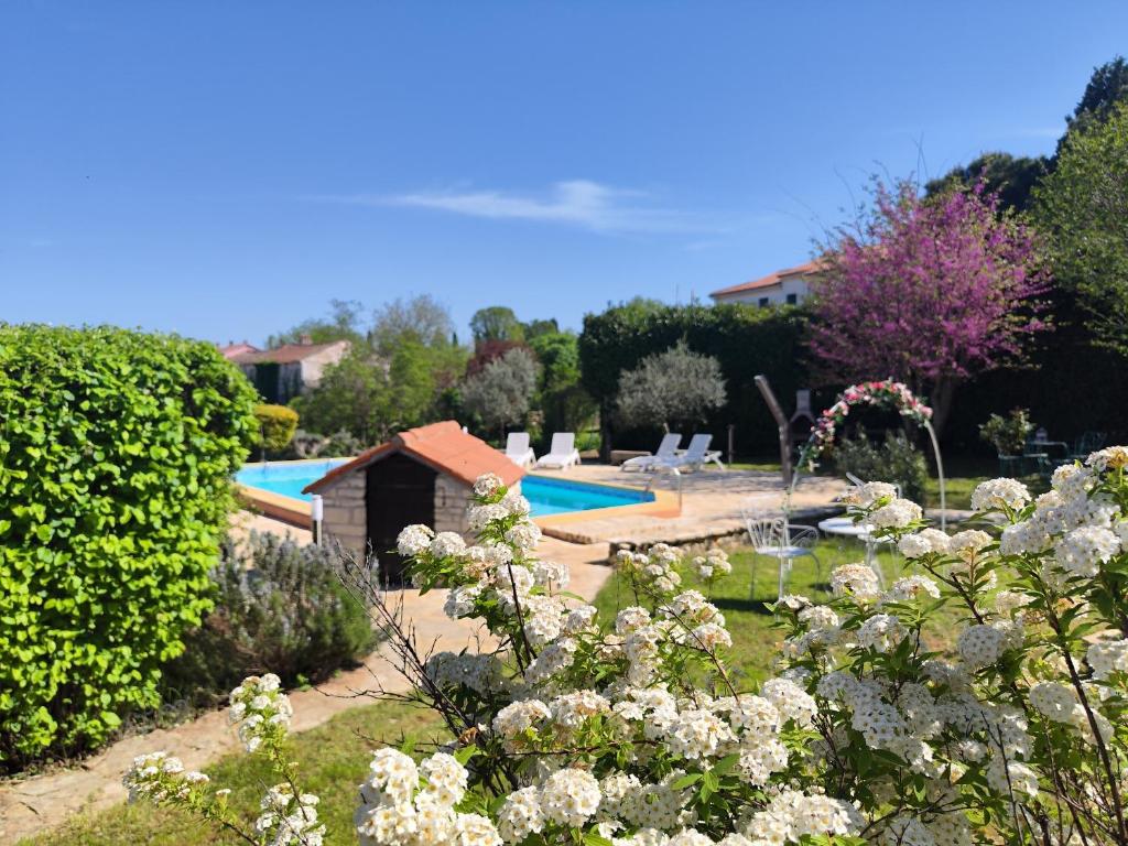 a garden with a swimming pool and flowers at Poolside compact family cottage Lea in Rovinjsko Selo