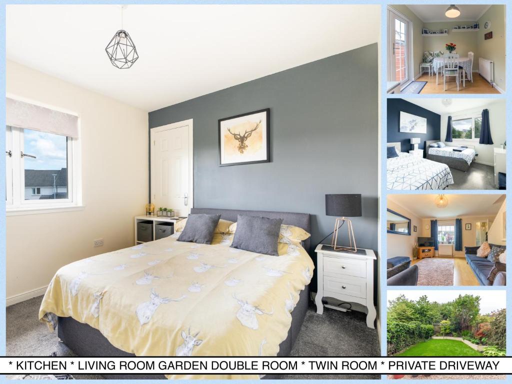 una camera con letto king-size, un soggiorno con cucina e una camera doppia con letti singoli; di Inverness Holiday Retreat - 2 Bedroom a Inverness