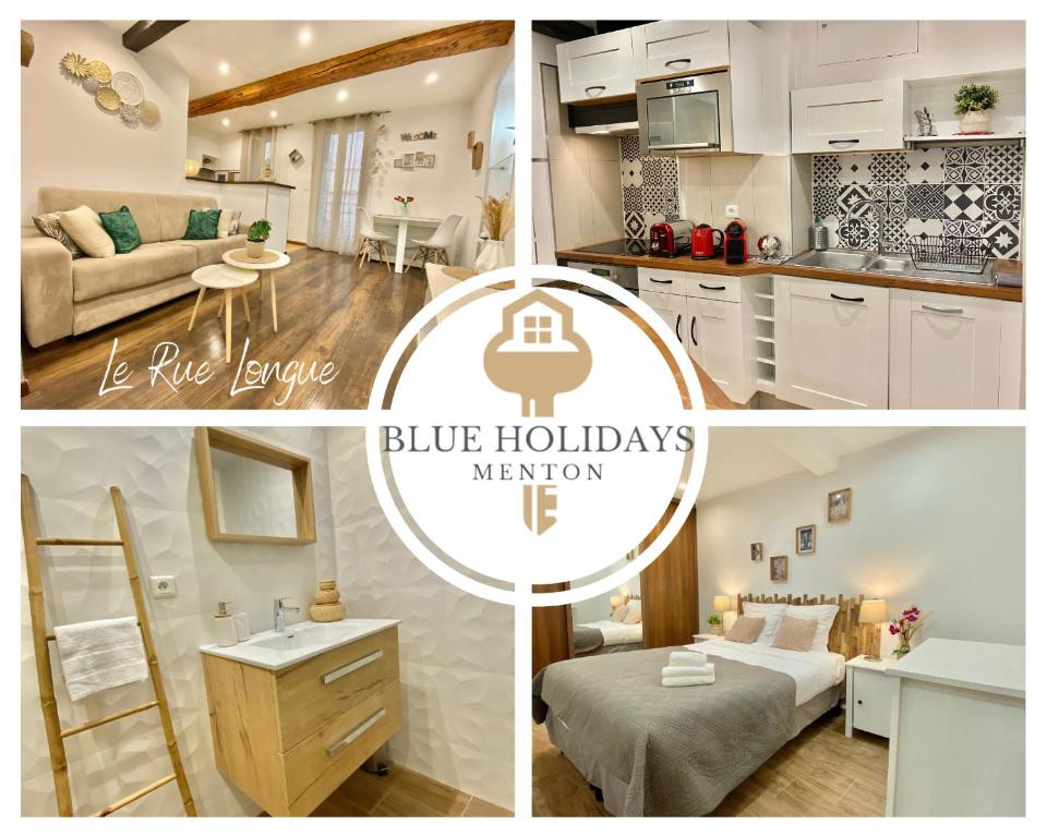 eine Collage mit Bildern einer Küche und einem blauen Urlaubsgedächtnis in der Unterkunft Le rue Longue in Menton