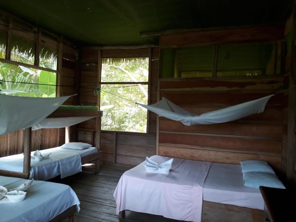 Cette chambre comprend 2 lits et un hamac. dans l'établissement Pacaya Samiria Camping, 