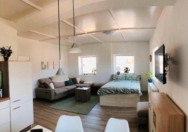een woonkamer met een bank en een bed bij Traumhaftes Studioappartement in Wadern