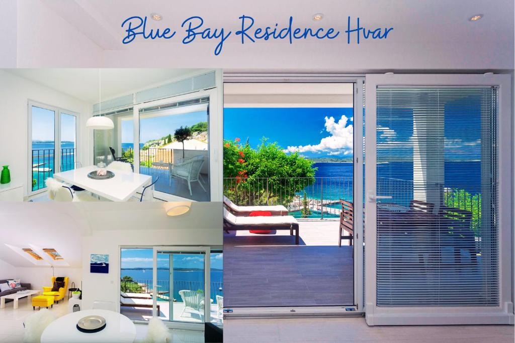 two pictures of a living room with a view of the ocean at Blue Bay Residence in Hvar