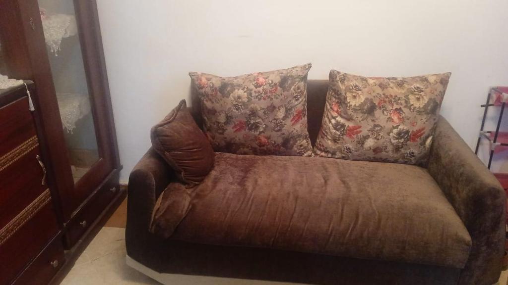 um sofá de couro castanho com duas almofadas em New-Fayoum Apartment em Minshāt Kamāl