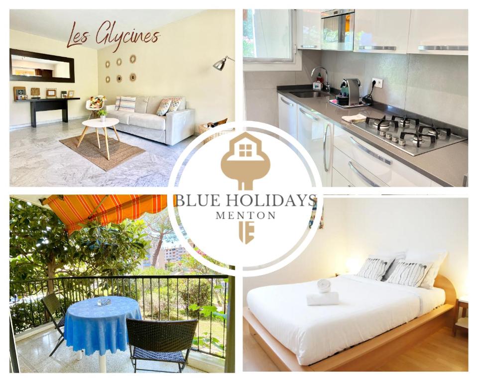 un collage de photos d'un souvenir de vacances bleu dans l'établissement Les Glycines, à Menton