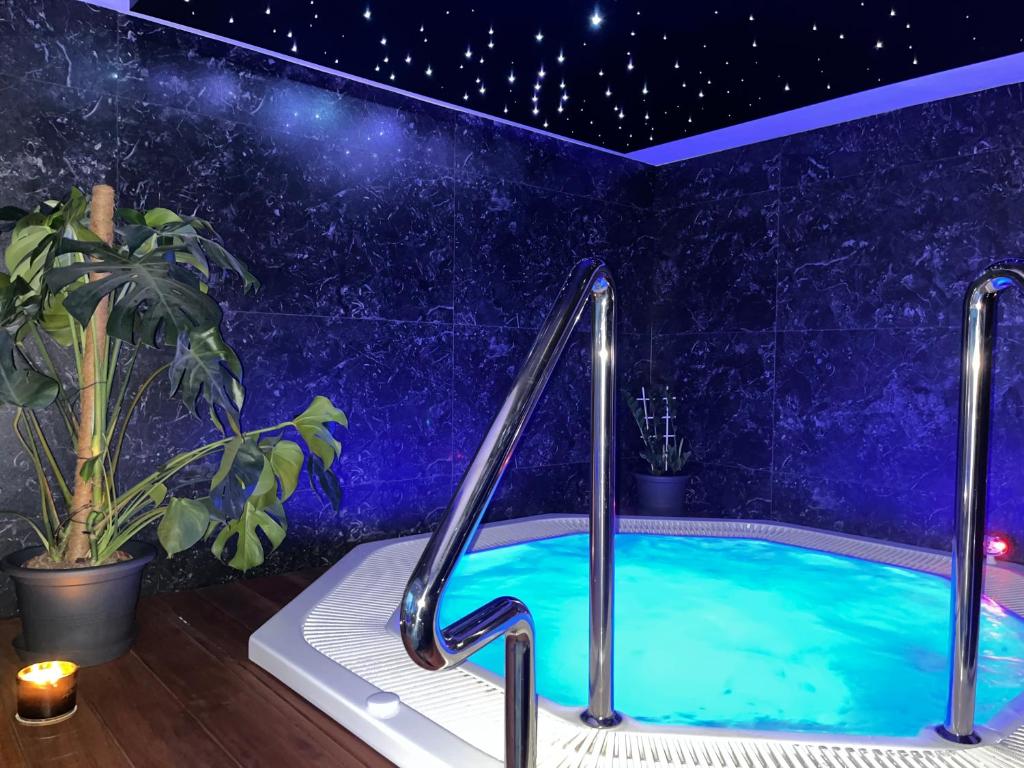 a swimming pool in a room with a starry ceiling at Axel Boutique Jacuzzi & Sauna in Dziwnów