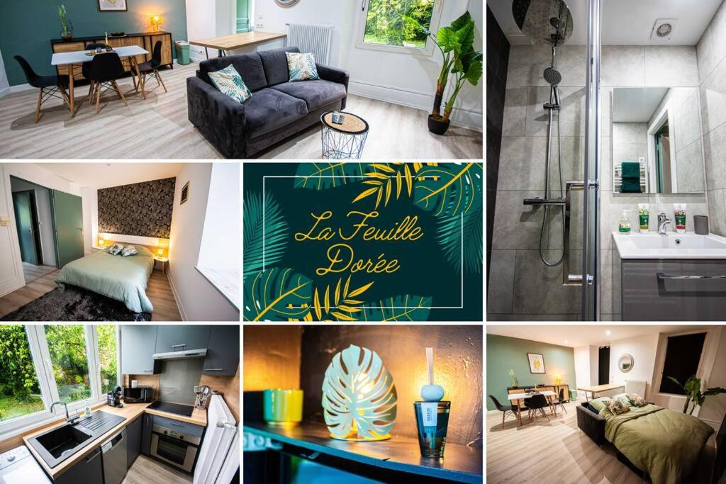 un collage de fotos de una sala de estar y una cocina en La Feuille Dorée, au calme, parking gratuit, en Belfort