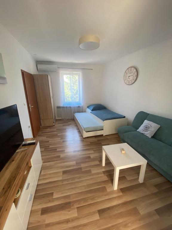 Apartman Ancoris في نوفي فينودولسكي: غرفة معيشة مع أريكة وطاولة