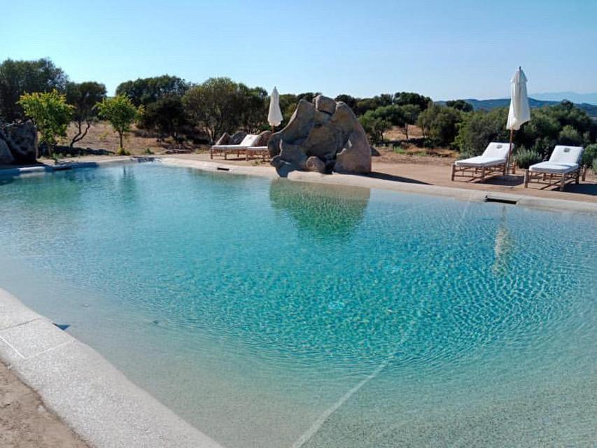 a large blue swimming pool with chairs and umbrellas at Massidda Country Retreat in Santa Teresa Gallura