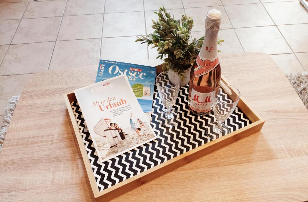 een fles wijn en een boek op een tafel bij Ferienhaus Pomerania in Sundhagen-Niederhof