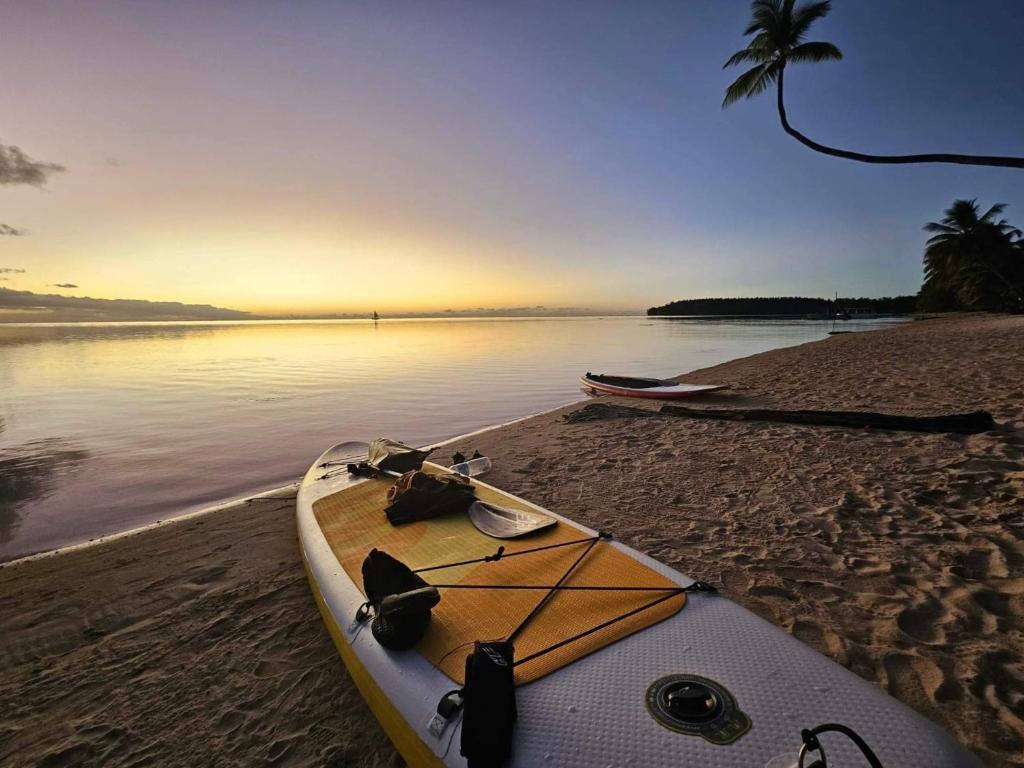 a kayak sitting on a beach next to the water at MOOREA - Tropical Nest in Hauru