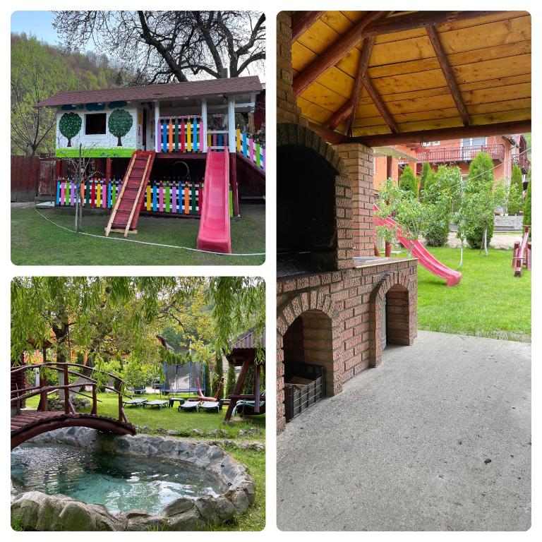 a collage of three pictures of a playground with a slide at Casa Elegant in Moieciu de Jos
