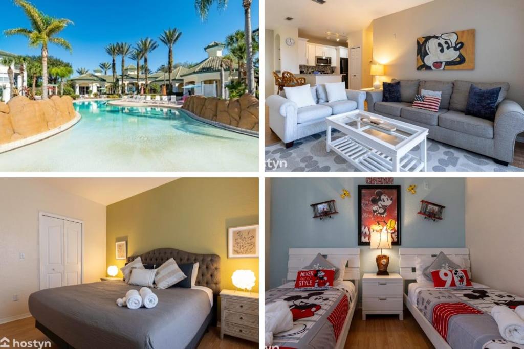 three pictures of a hotel room with a swimming pool at Incredible apartment just 15 minutes from Disney in Kissimmee