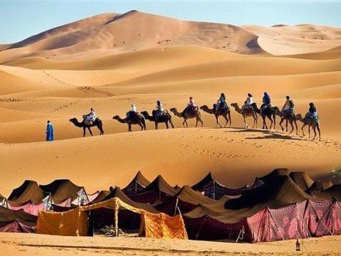 Maison linda في مراكش: مجموعة من الناس يركبون الجمال في الصحراء