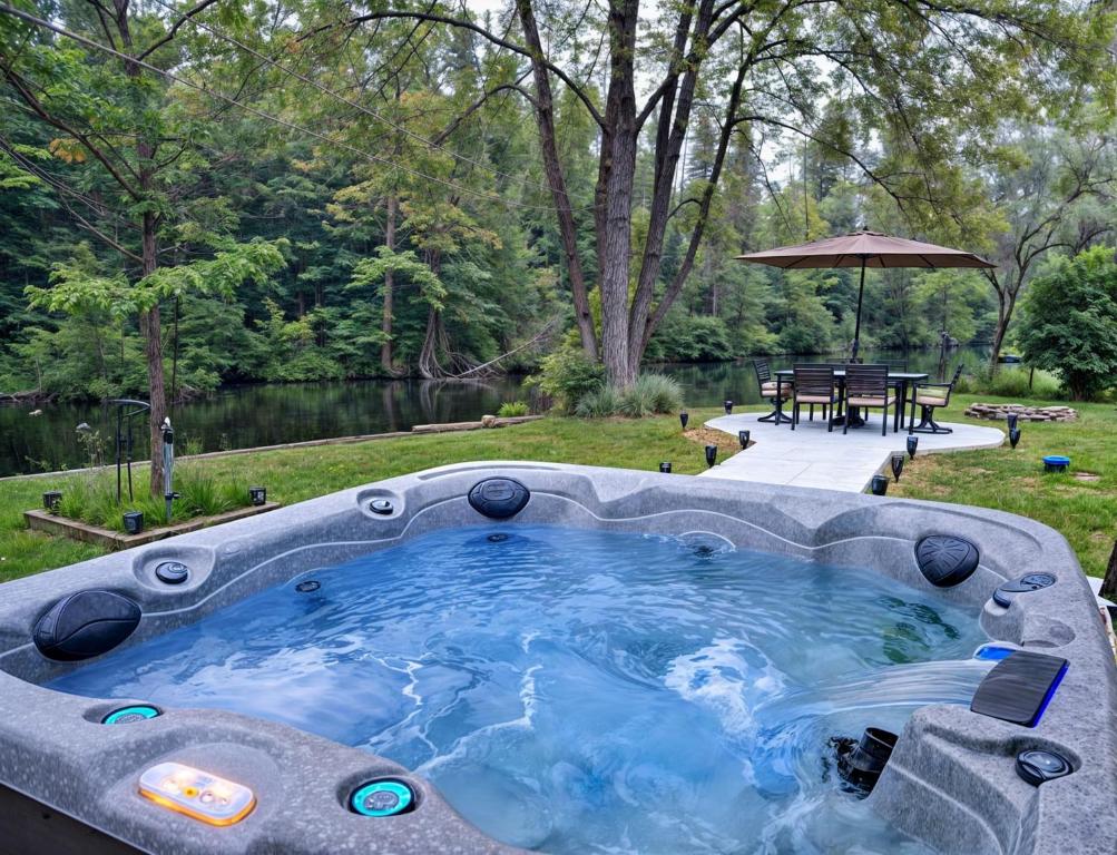 una bañera de hidromasaje en medio de un jardín con mesa en Lakeside Retreat: Pool table, HotTub, King bedroom, en Fenelon Falls