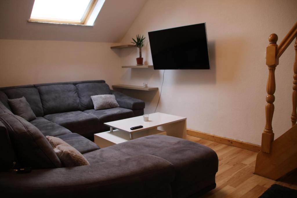 ein Wohnzimmer mit einem Sofa und einem TV in der Unterkunft Dimis-Apartment in Köln