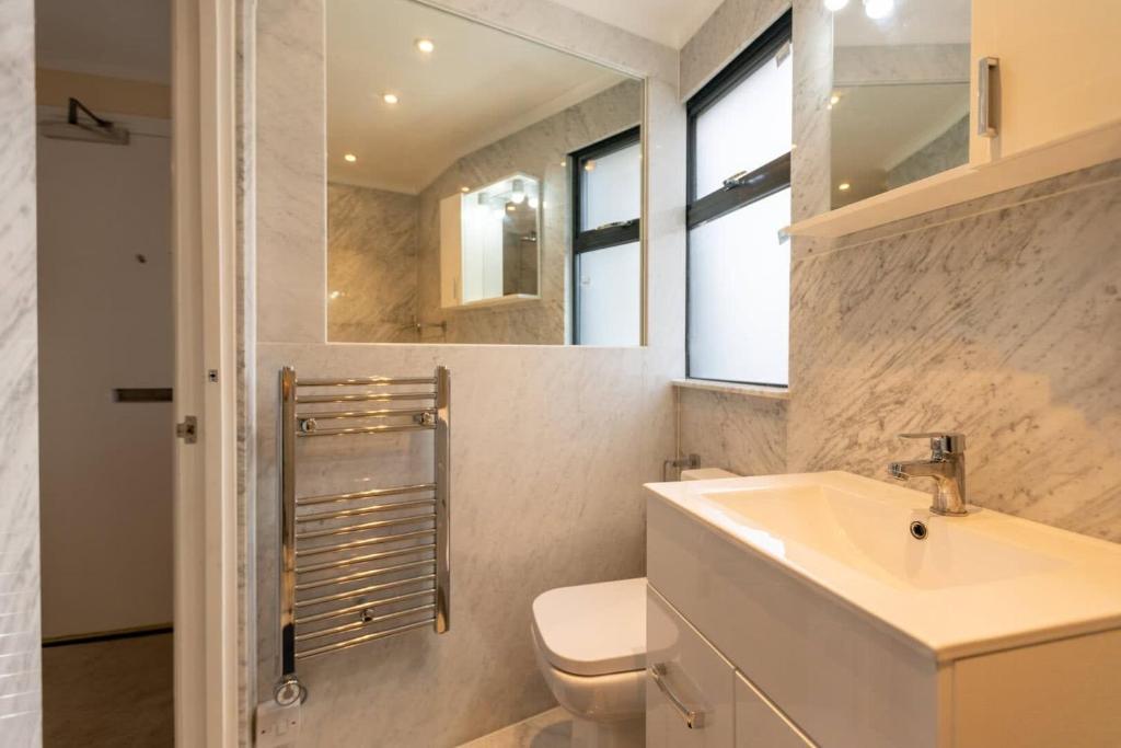 a bathroom with a sink and a toilet and windows at Westminster Charm with Roof Terrace in London