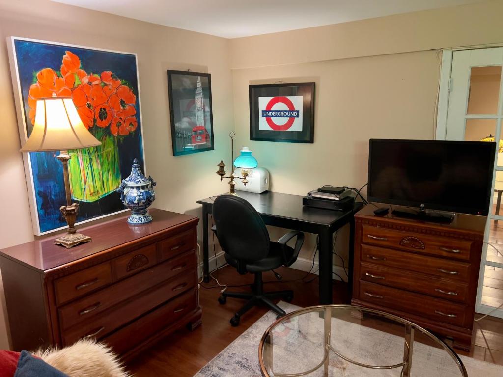 阿林頓的住宿－Charming 1-bedroom Basement Close to DC Pets Allowed，客房设有书桌、电视和椅子