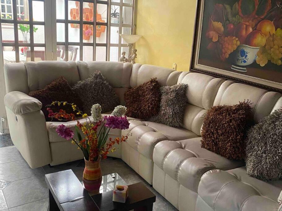 um sofá branco com almofadas na sala de estar em Hermosa casa con gran ubicación em Bogotá