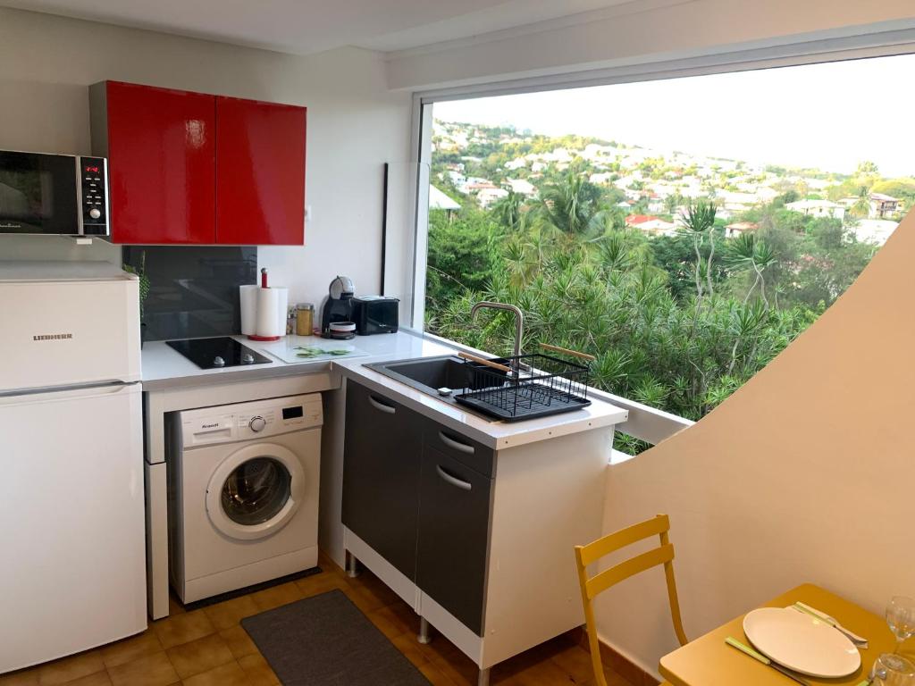 a kitchen with a sink and a washing machine at Bel appartement situé idéalement in Schœlcher